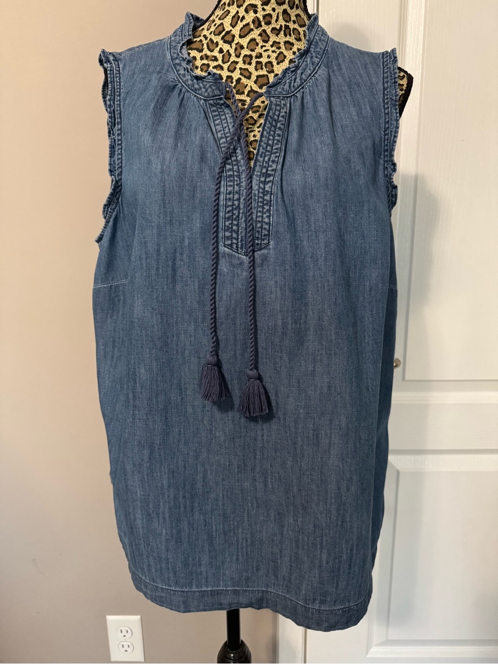 Talbots Denim Blue Sleeveless Tassel Tunic Tank